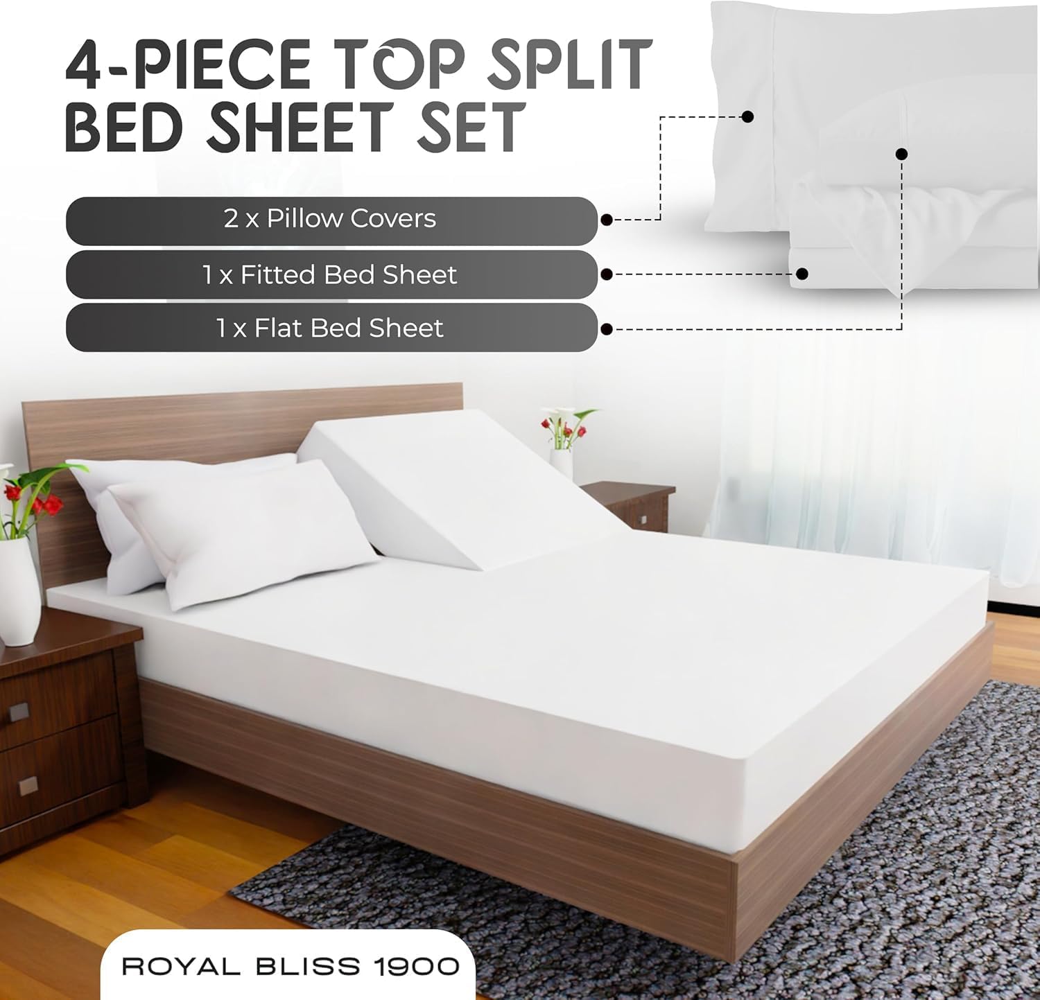 Top Split Flex Head King Size Sheet Set - Egyptian Quality Ultra-Soft Bed Sheets | Double Brushed | Deep Pockets- Easy Fit - 4 Piece Set- Fade Resistant