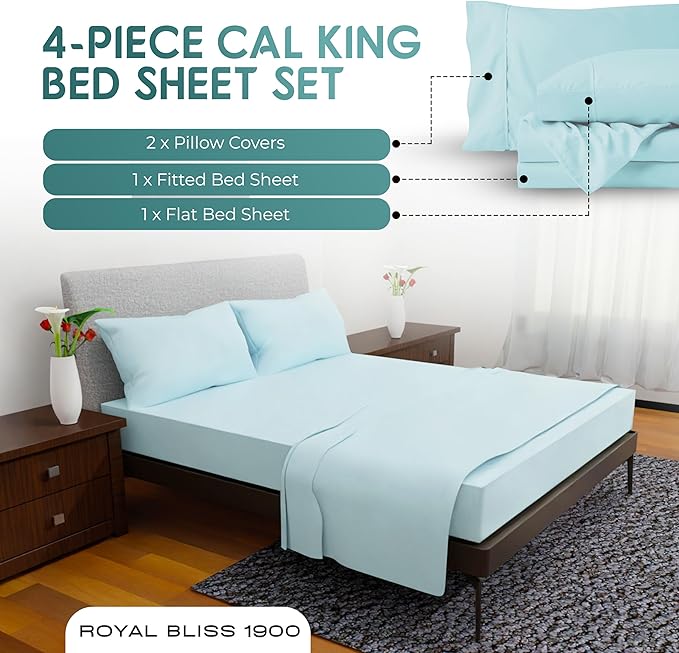 California King Sheet Sets – 4Pcs Cal King Bedding Set, Deep Pocket, Double Brushed Microfiber, Fade Resistant, Soft & Breathable Bed Sheets for Ultimate Comfort