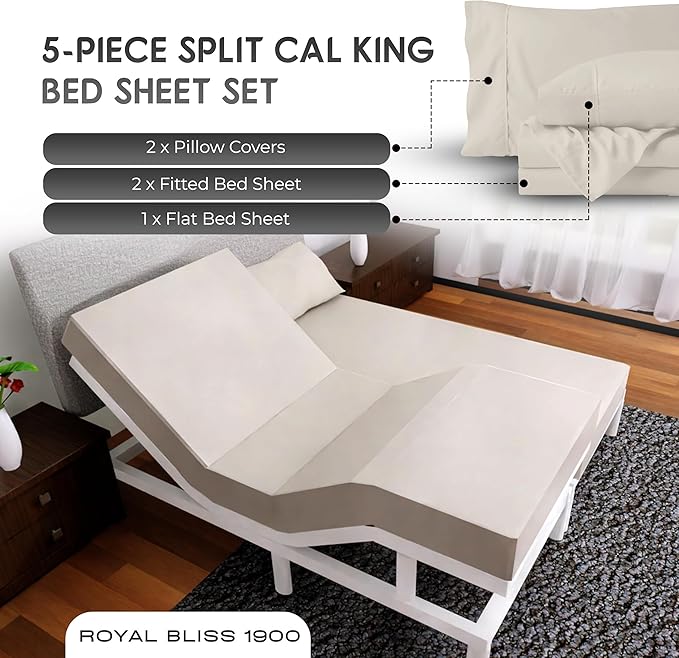 Split California King Sheets Sets - 5 Pcs Set - Cal King Split Adjustable Bed Sheets -Split California King Sheets Sets for Adjustable Bed -Split Cal King Sheets