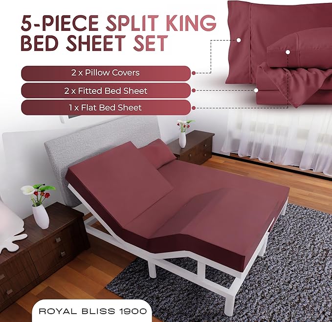 Split King Sheets Set with 2 Twin XL Fitted Sheet - 5 Piece Bedding - Wrinkle Free, Fade Resistant, Double Brushed Microfiber - Deep Pockets/Easy Fit