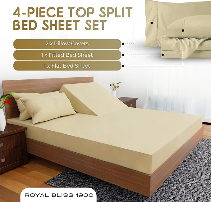 Split Top Queen Sheets for Adjustable Bed, 4-Pcs 36'' Flat, 1 Fitted Sheet & 2 Pillowcase – 16 Inch Deep Pocket, Egyptian Quality Wrinkle-Free Top Split Queen Sheets Set