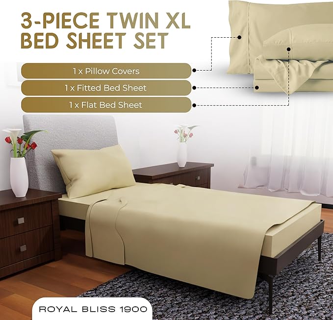Twin XL Sheets - 3 Pcs Double Brushed Microfiber Cooling Set, Deep Pocket