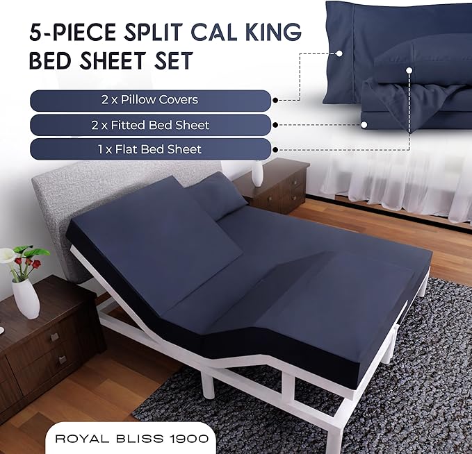 Split Queen Sheets - 5 Pcs Set for Adjustable Bed - Soft, Wrinkle-Resistant